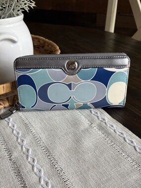 Coach Poppy Blue and Silver C Signature long Zip around Wallet